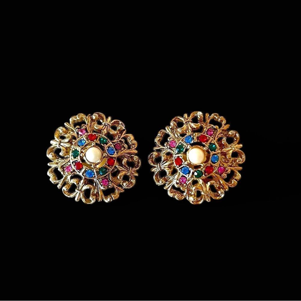 Vintage Gold Circular Multicolor Crystal Earrings